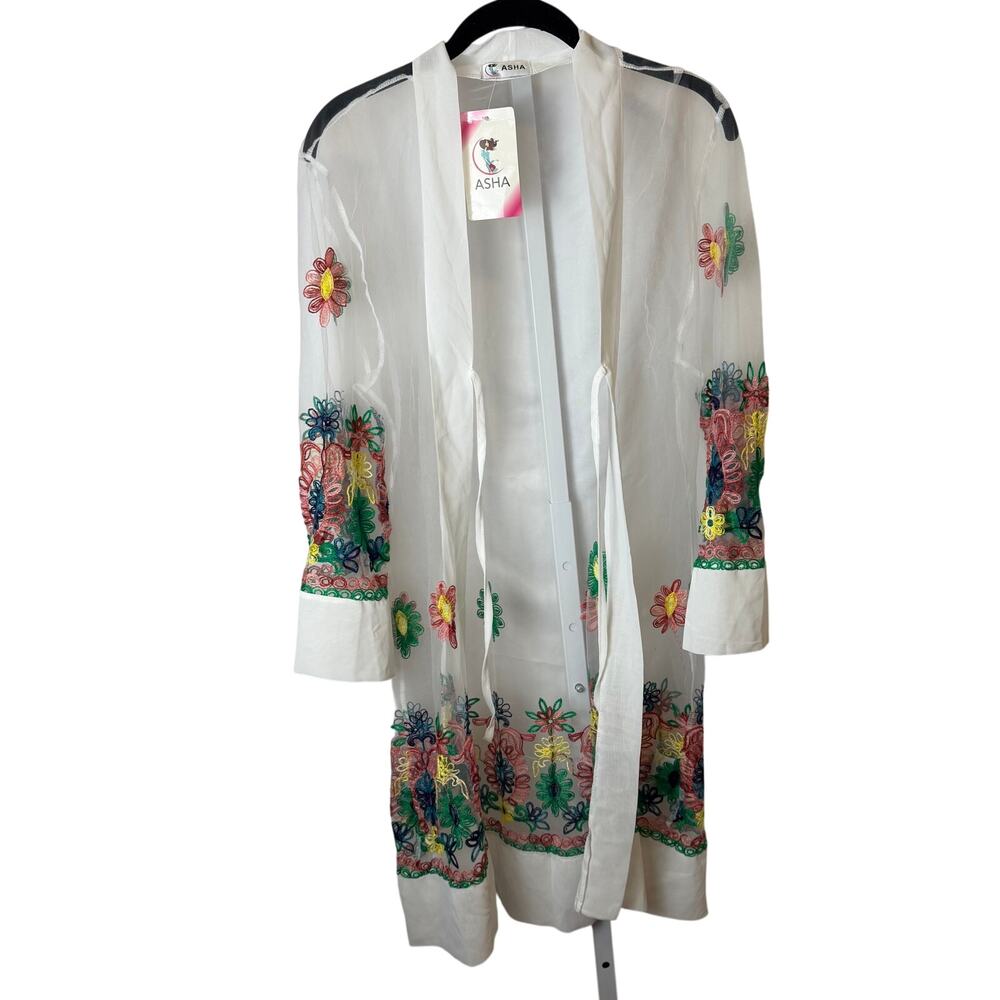 NWT ASHA Sheer Embroidered Floral Kimono Cardigan One Size Lightweight Duster - Picture 2 of 9